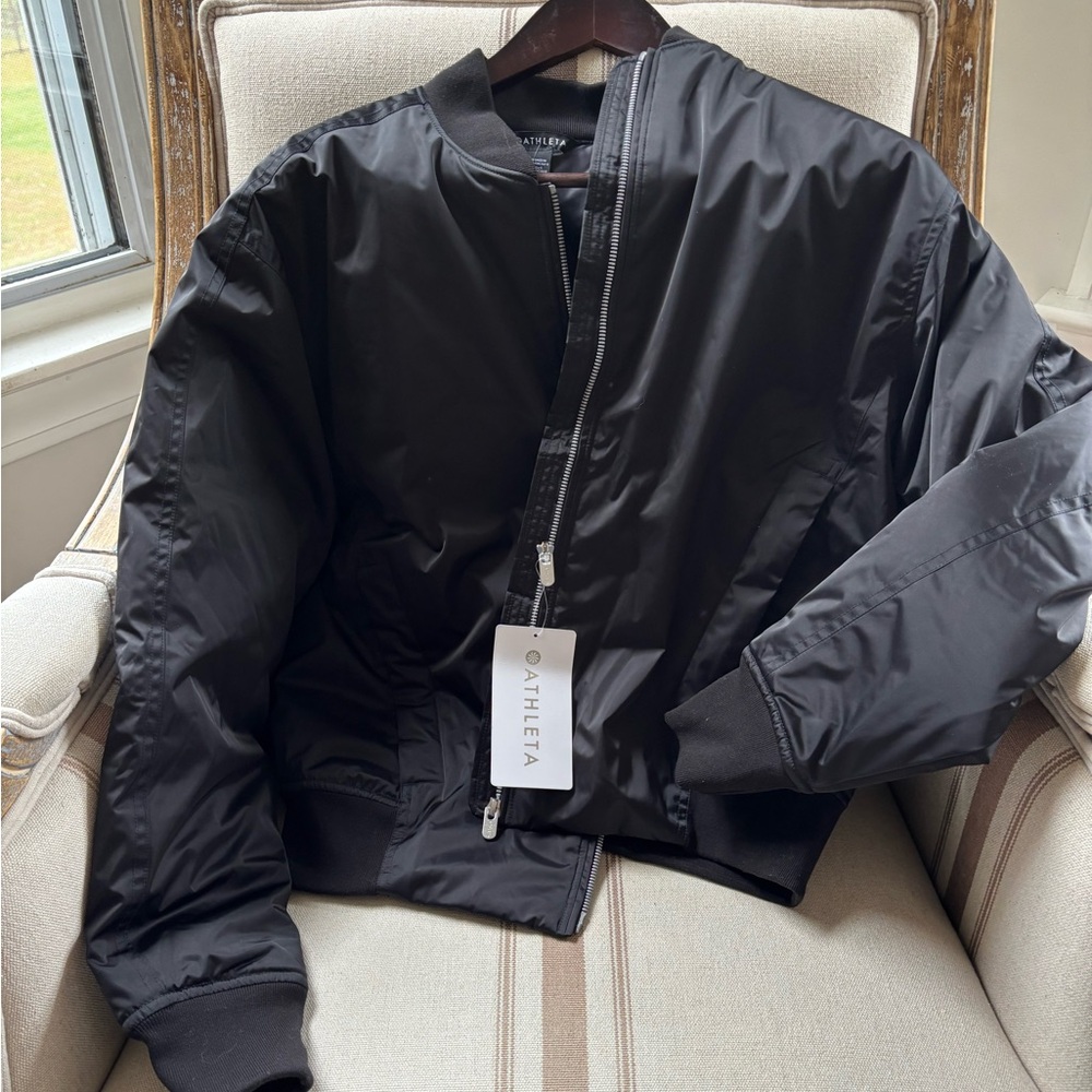 Athleta black sateen Bomber Jacket NWT